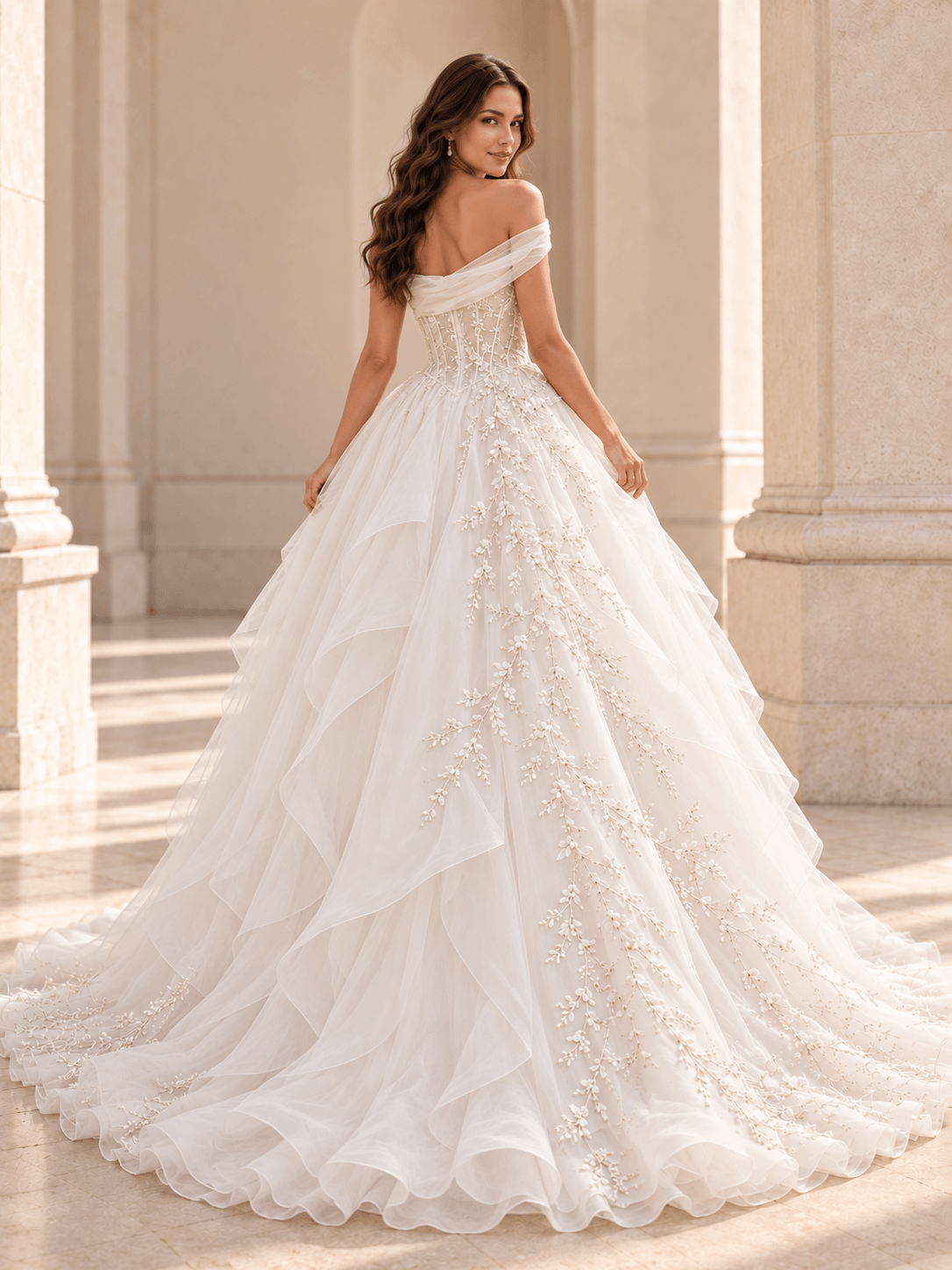 White Asymmetrical Draped Organza Wedding Dress with Pearl Vine Embroidery