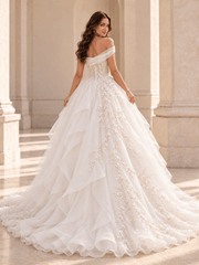 White Asymmetrical Draped Organza Wedding Dress with Pearl Vine Embroidery