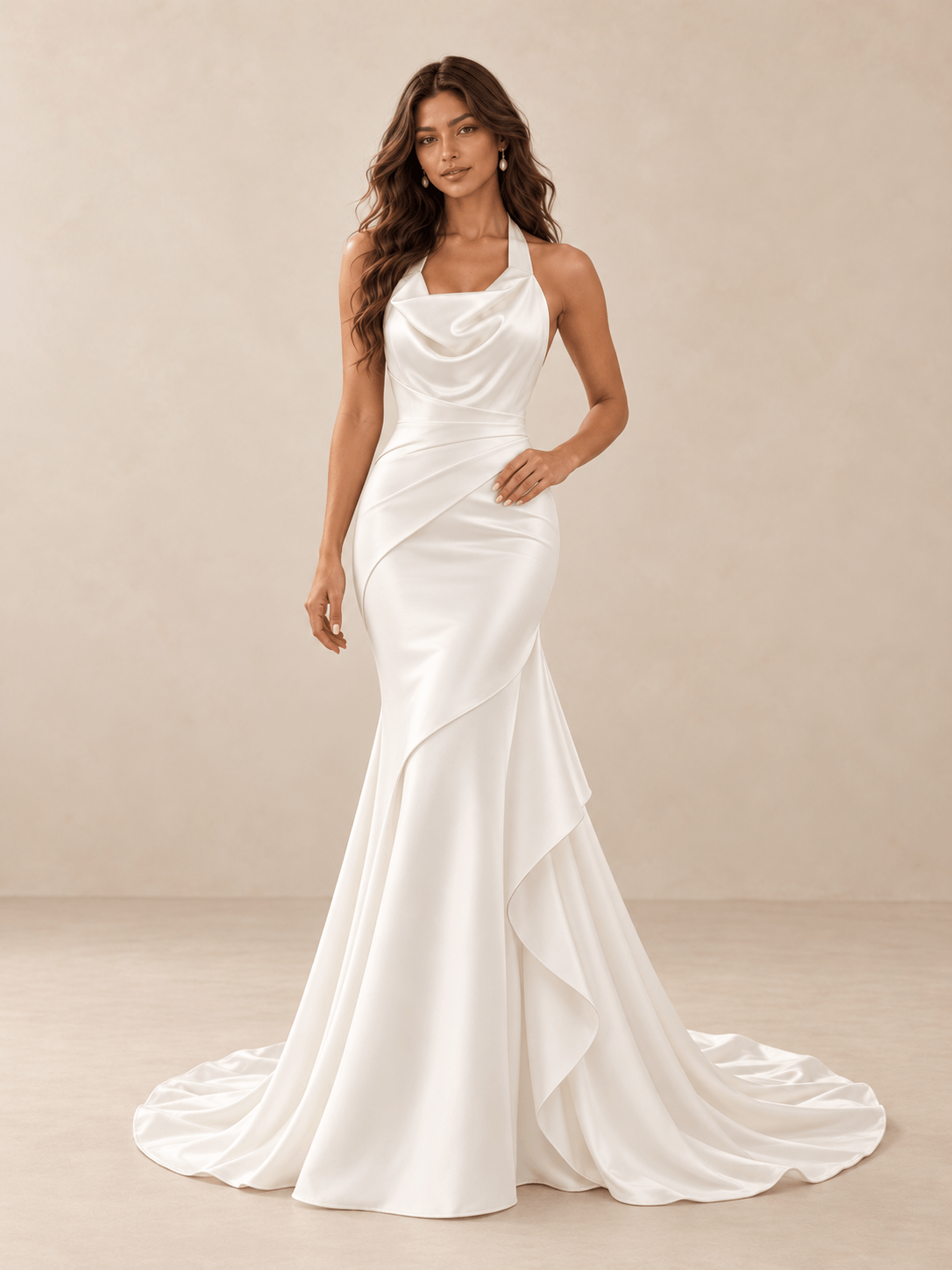 White Draped Halter Mermaid Wedding Dress with Sculpted Overskirt