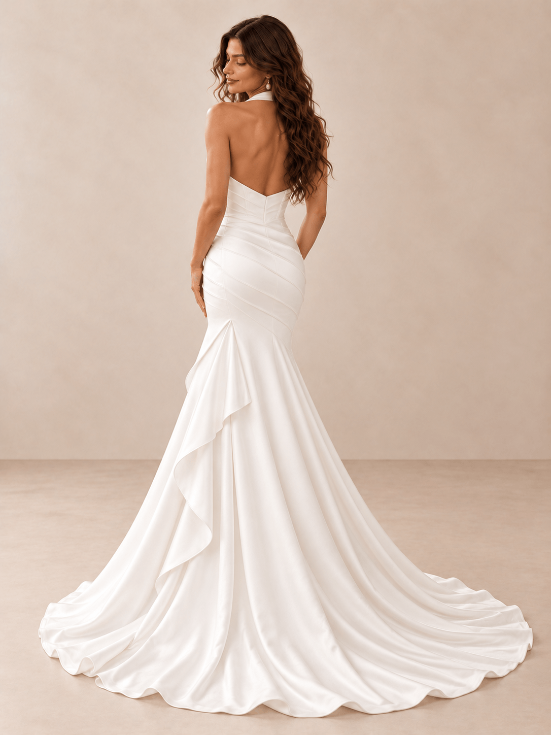 White Draped Halter Mermaid Wedding Dress with Sculpted Overskirt