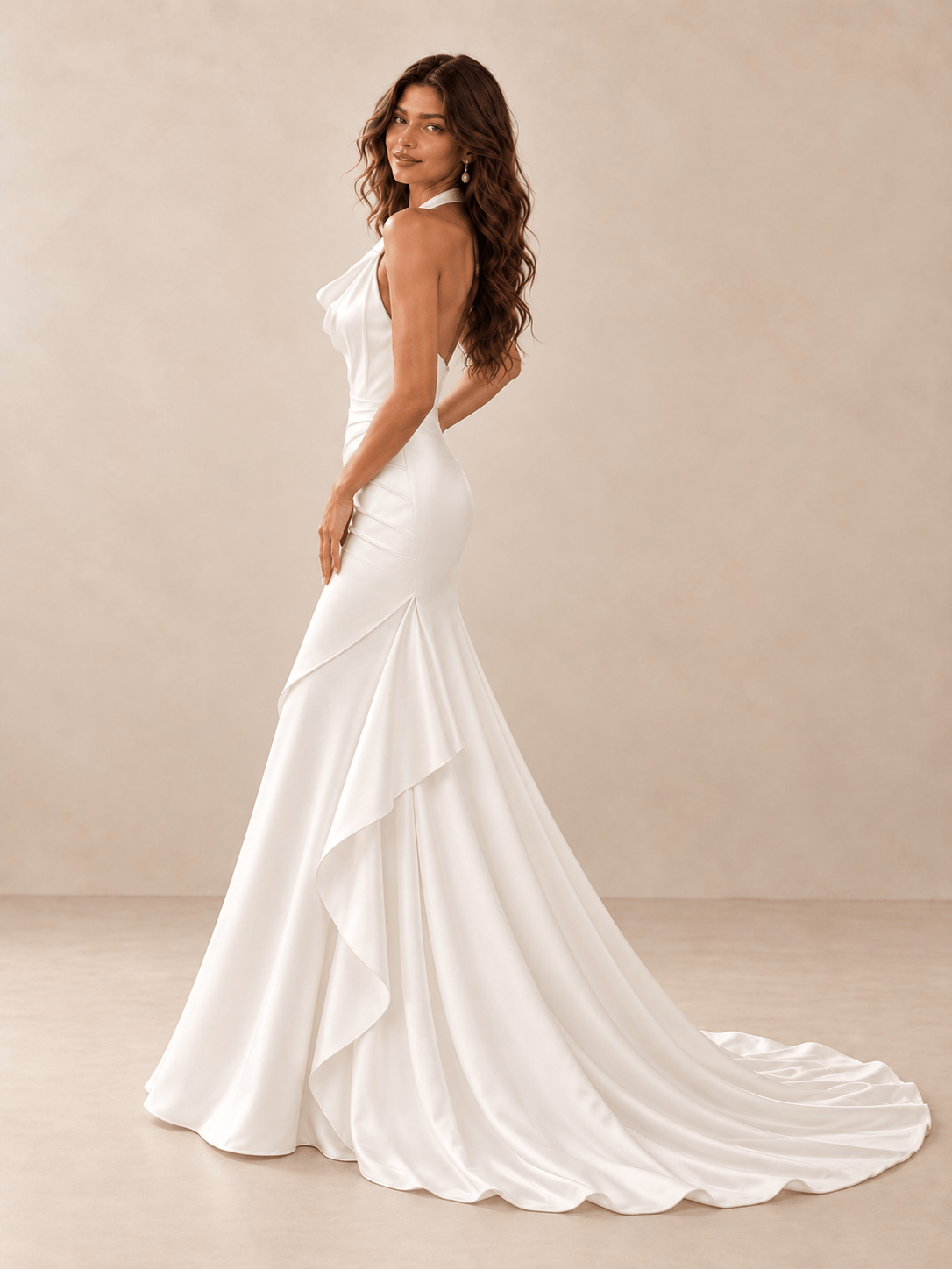 White Draped Halter Mermaid Wedding Dress with Sculpted Overskirt