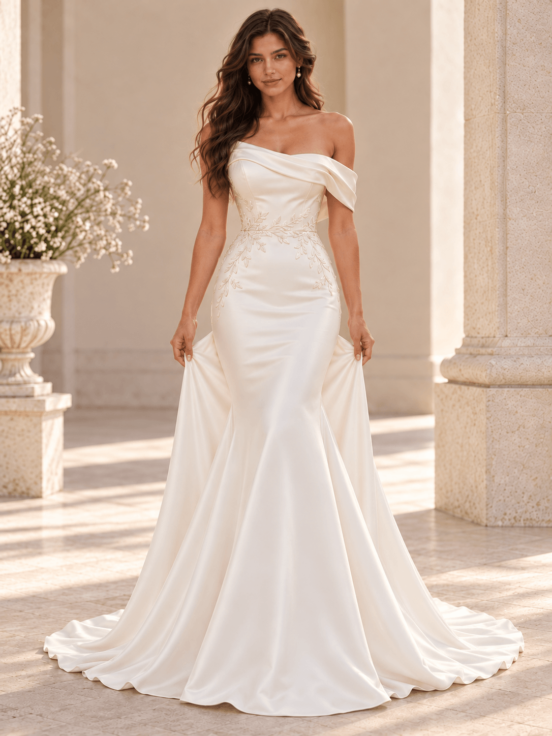 White Satin Mermaid Wedding Dress with Asymmetric Draped Off-Shoulder Neckline