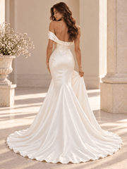 White Satin Mermaid Wedding Dress with Asymmetric Draped Off-Shoulder Neckline