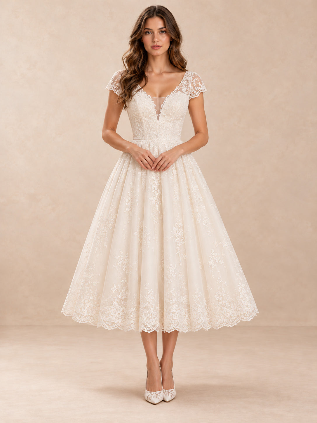 White V-Neck Lace Tea-Length Wedding Dress with Cap Sleeves
